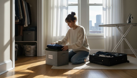Woman organizing clothes with foldable box