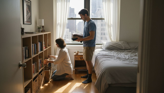 Couple organizing shelves in urban bedroom