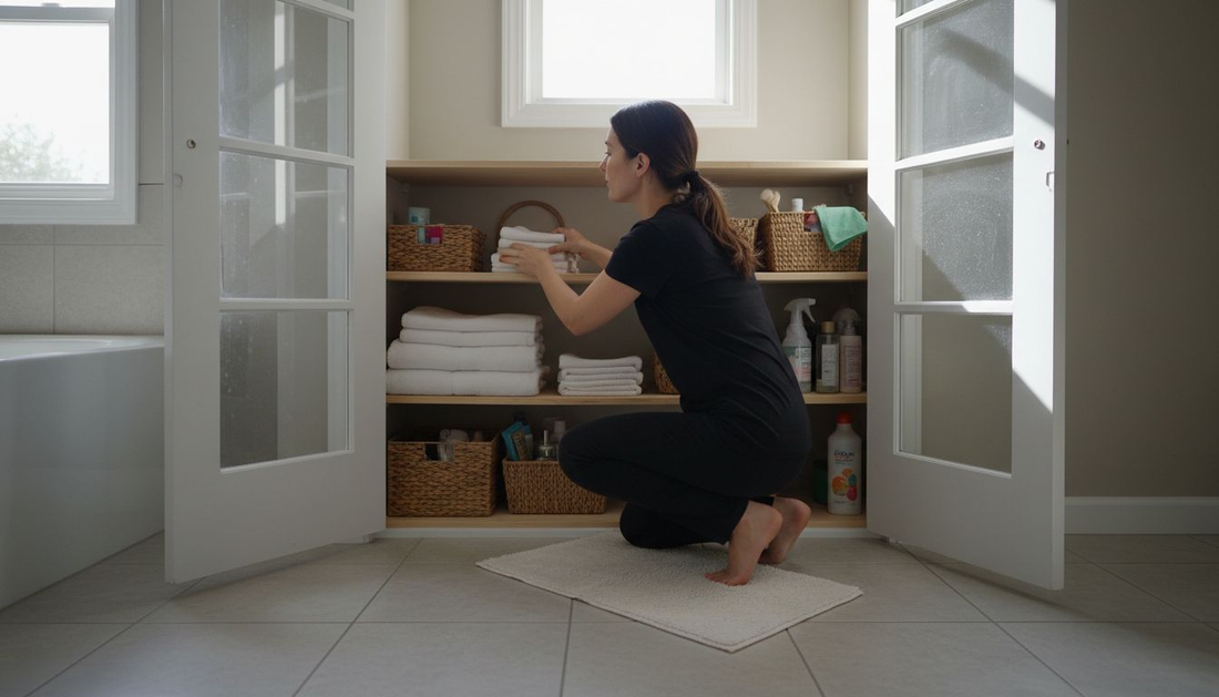 Woman organizing bathroom storage closet