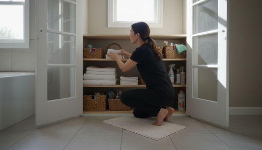 Woman organizing bathroom storage closet