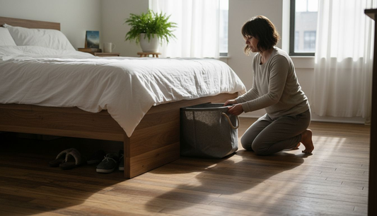 Woman accessing under bed storage in cozy bedroom