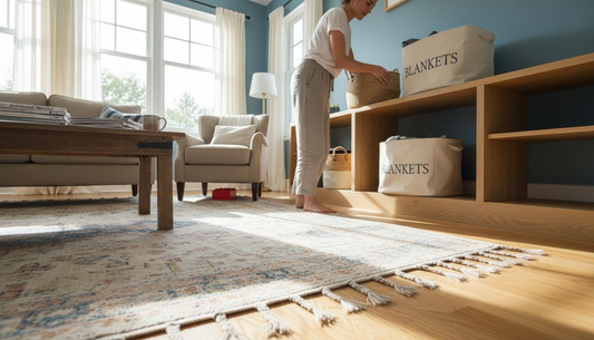 Woman arranging baskets for stylish home storage