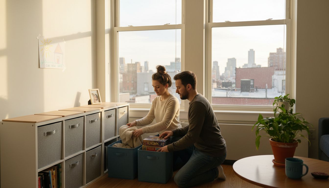 Couple organizing modern living room with bins
