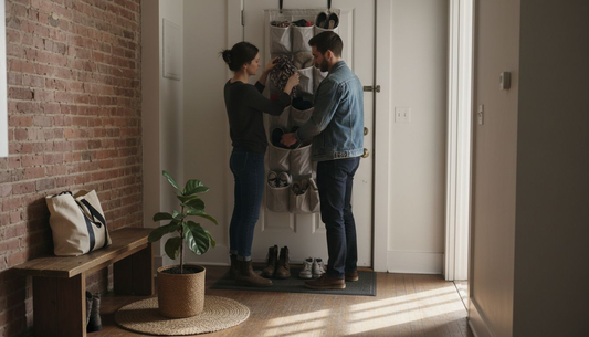 Urban apartment entryway with over door organizer