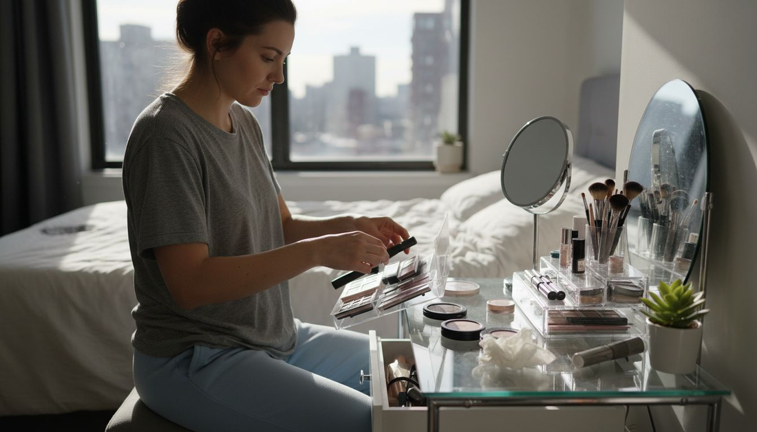Woman arranging makeup on stylish vanity