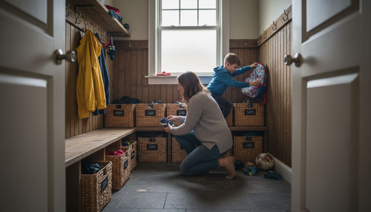 Busy family organizing shoes in mudroom
