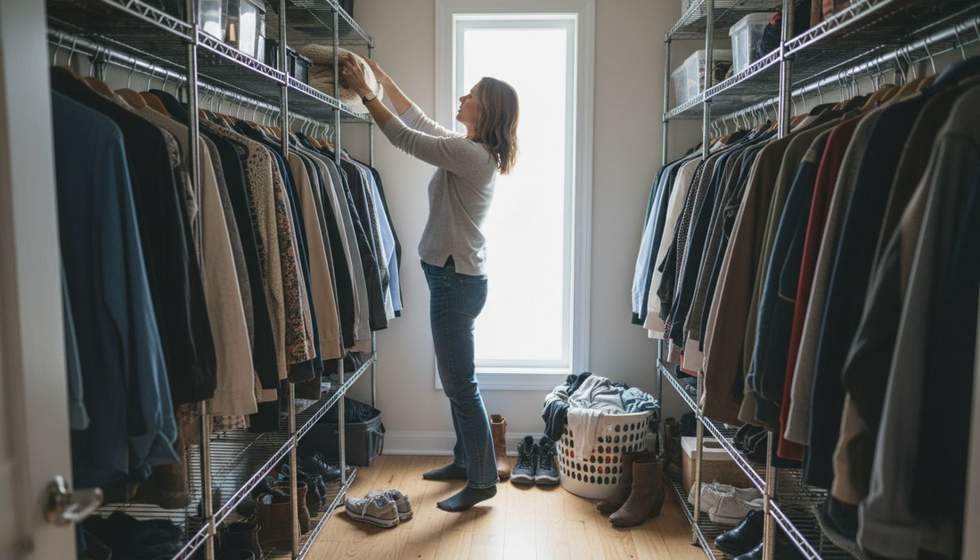 Woman organizing rack shelves in walk-in closet
