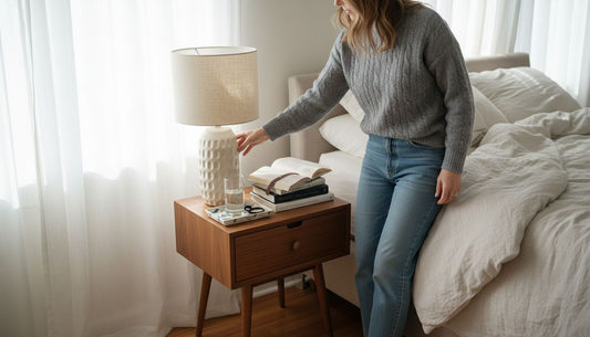 Woman organizing stylish bedside table setup