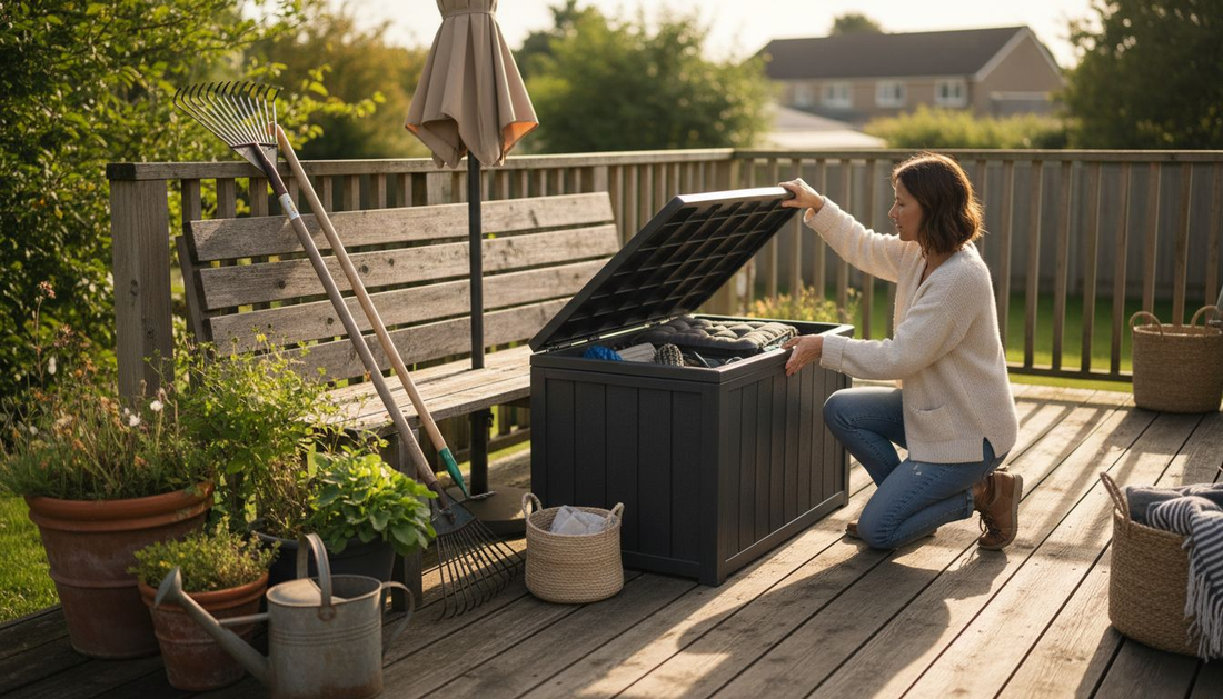 Woman organizing items in stylish outdoor storage box