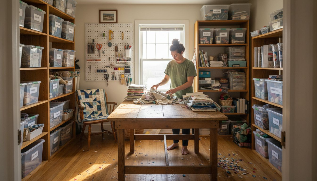 Woman organizing craft supplies in sunlit craft room