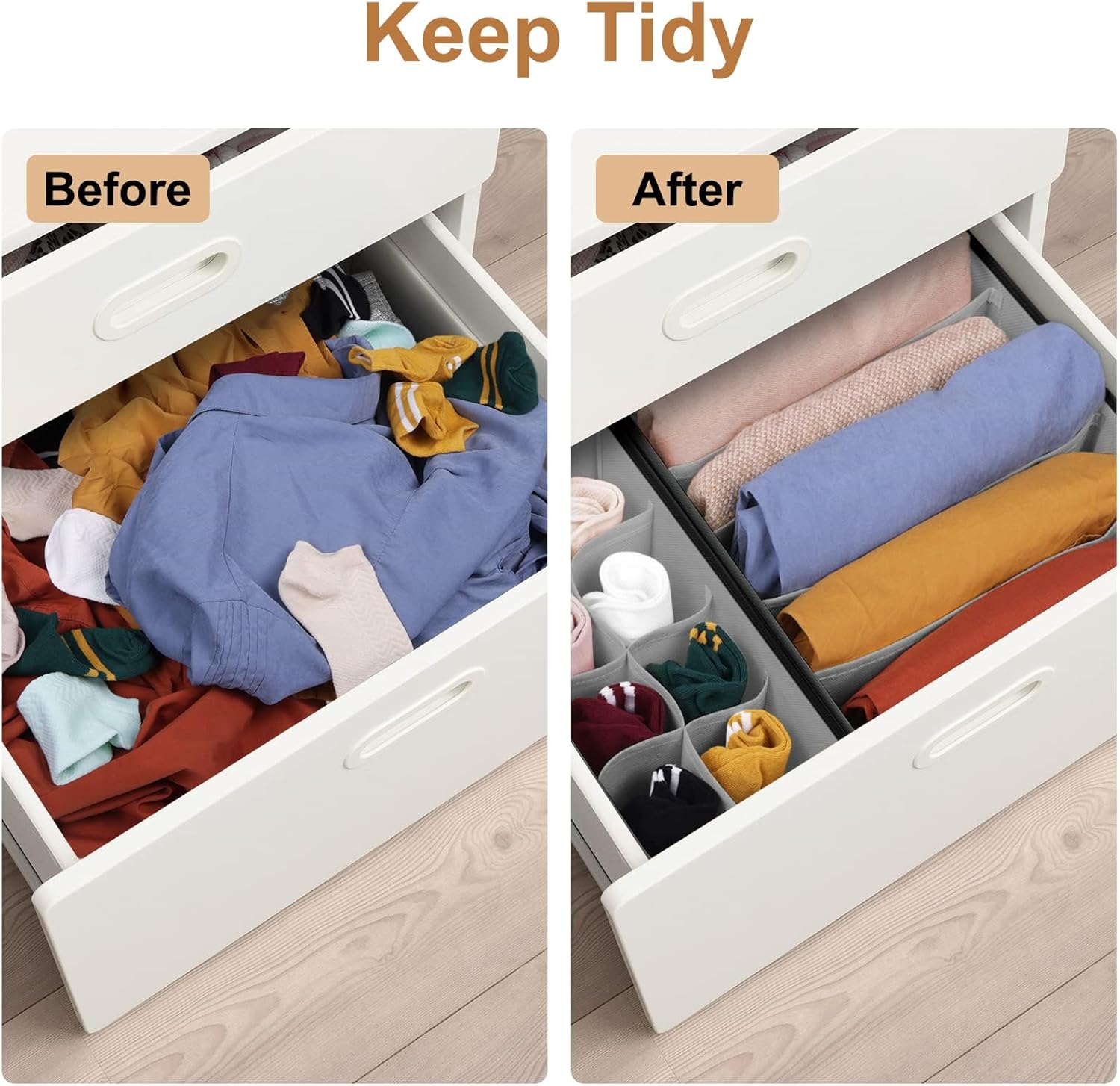 Drawer Organizer Divider, Foldable Closet Storage Organizer Basket, and Fabric Organization Bins for Clothes, Socks, Underwear, Bras, Ties, Accessories, 4 Pcs (Dark Grey)