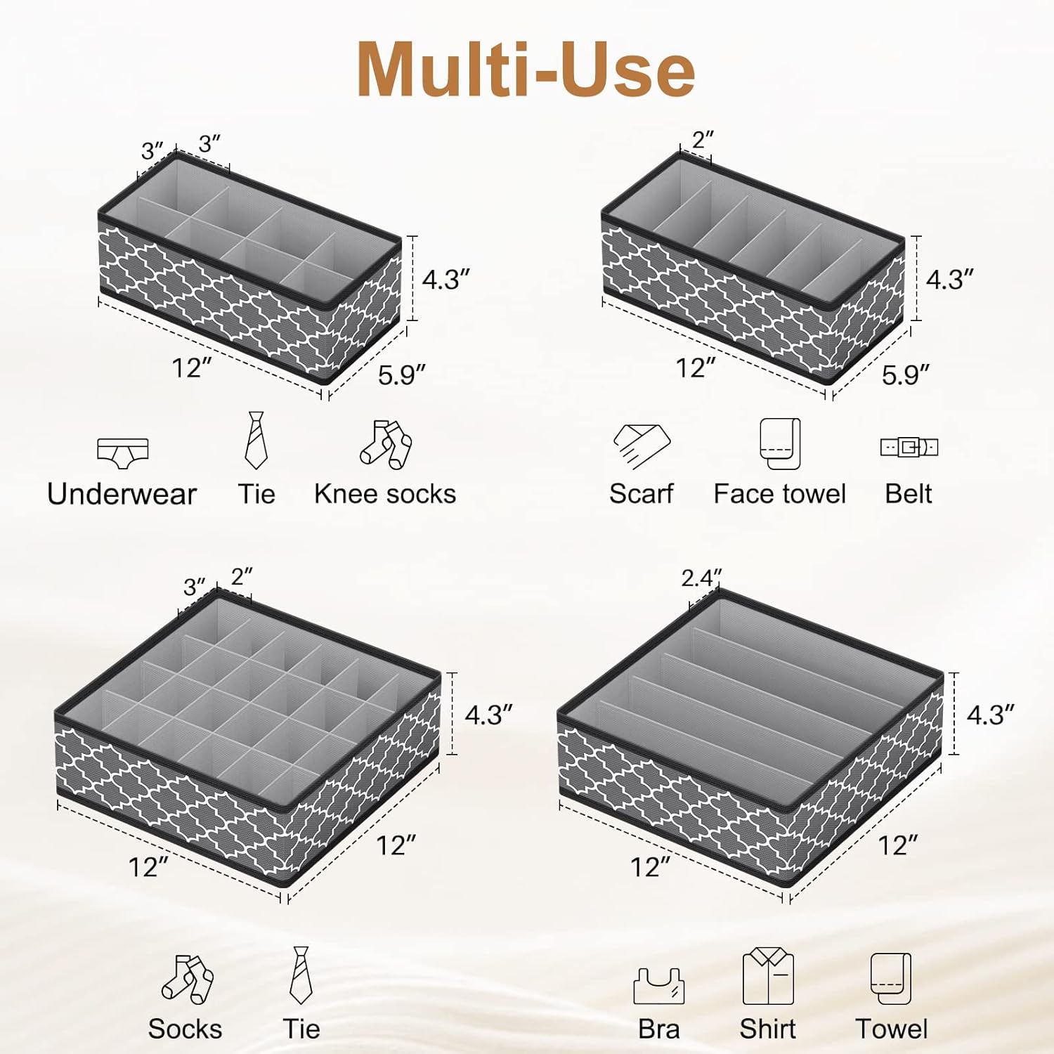 Drawer Organizer Divider, Foldable Closet Storage Organizer Basket, and Fabric Organization Bins for Clothes, Socks, Underwear, Bras, Ties, Accessories, 4 Pcs (Dark Grey)