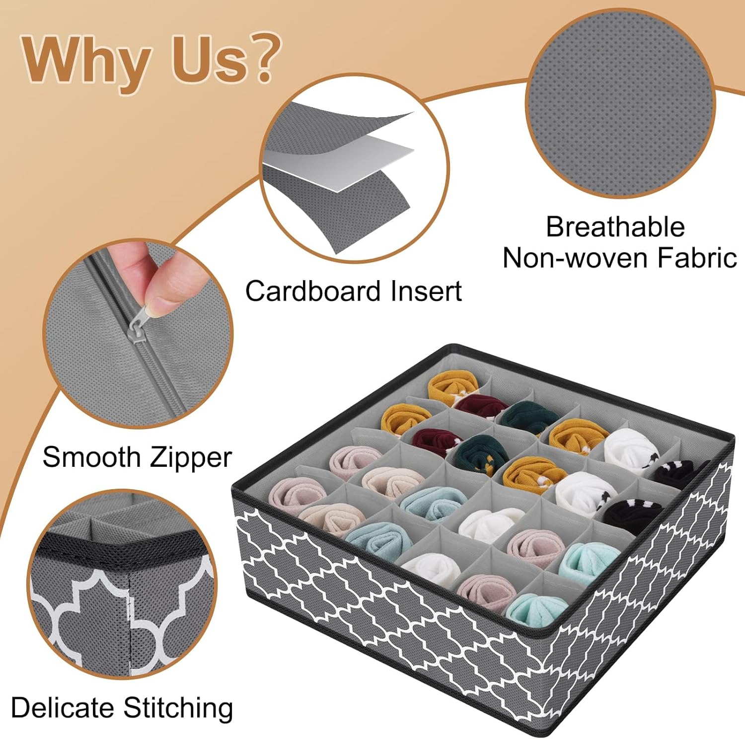 Drawer Organizer Divider, Foldable Closet Storage Organizer Basket, and Fabric Organization Bins for Clothes, Socks, Underwear, Bras, Ties, Accessories, 4 Pcs (Dark Grey)