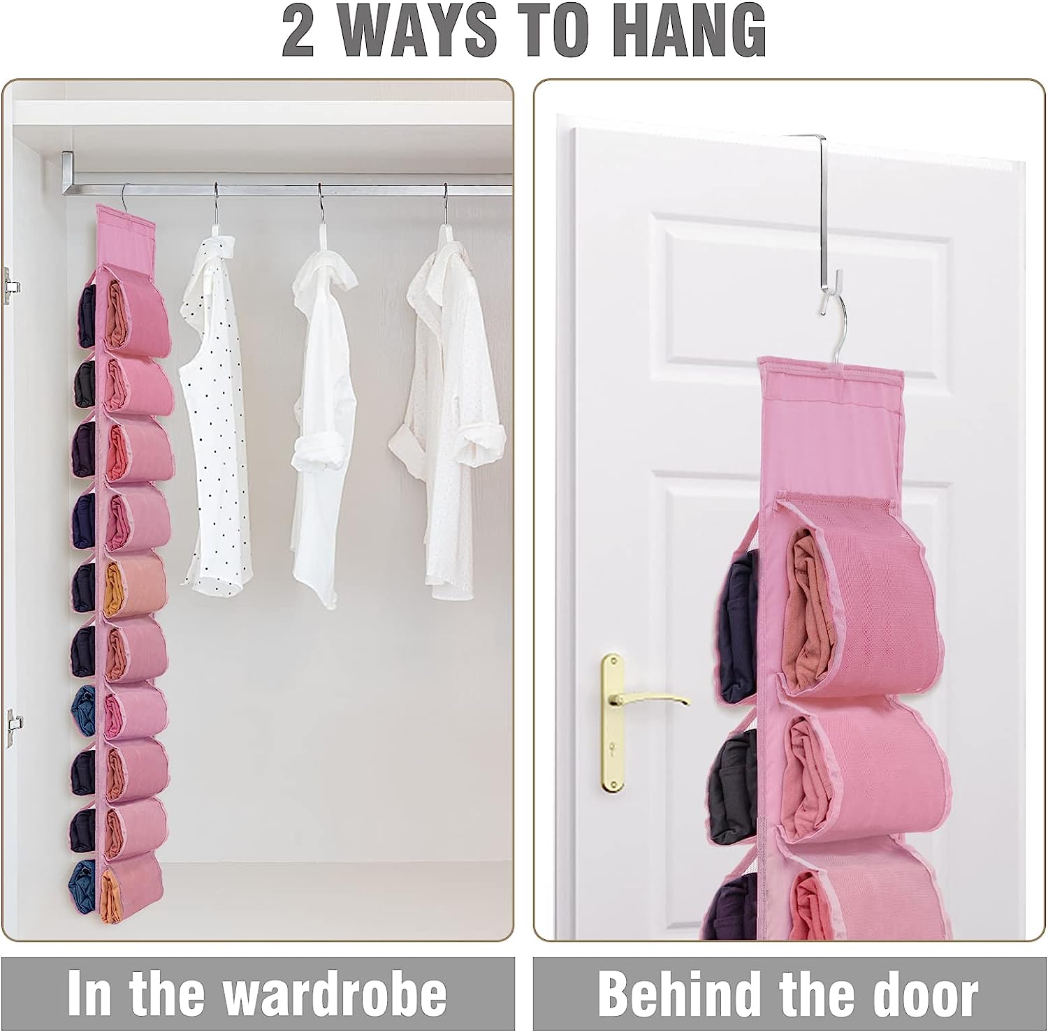 2 Pack Legging Storage Organizer, Hanging System with 20 Roll Independent Compartments for Yoga T-Shirts Bras Etc. (PACK OF2)