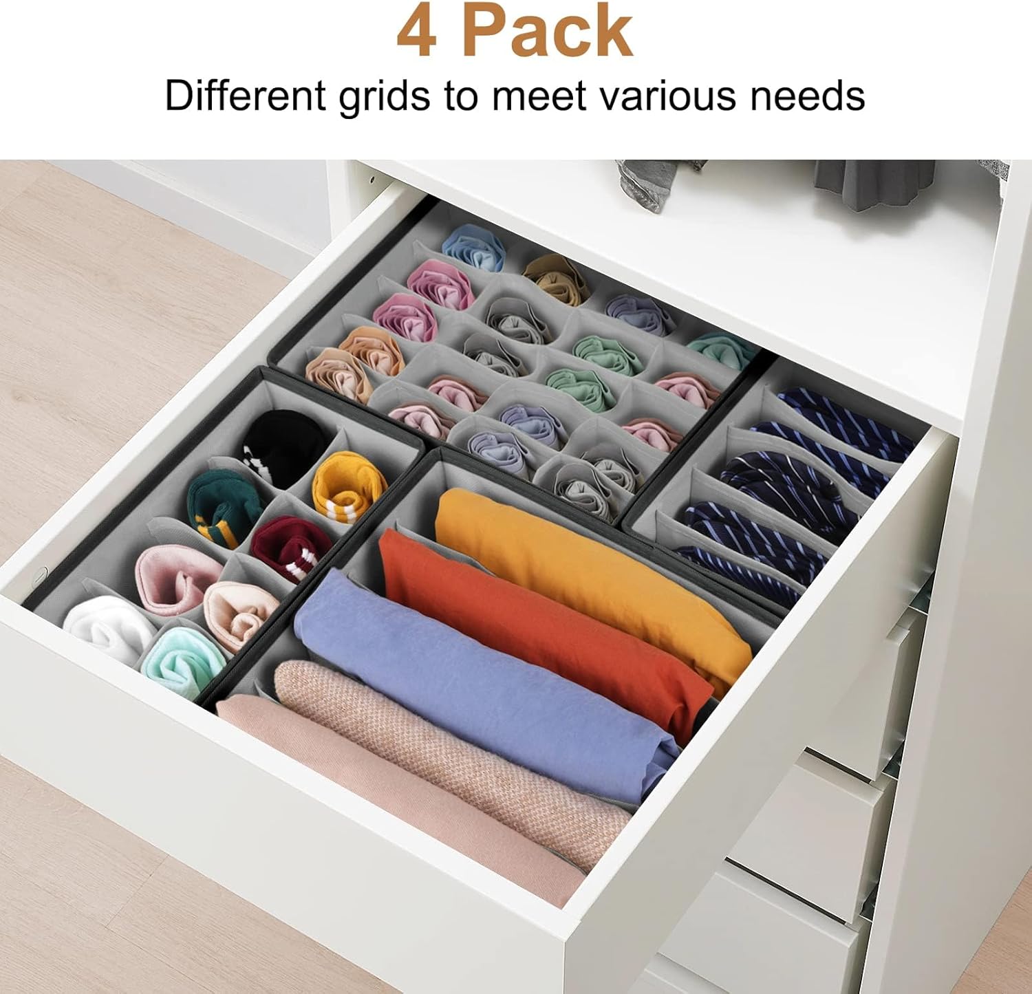 Drawer Organizer Divider, Foldable Closet Storage Organizer Basket, and Fabric Organization Bins for Clothes, Socks, Underwear, Bras, Ties, Accessories, 4 Pcs (Dark Grey)