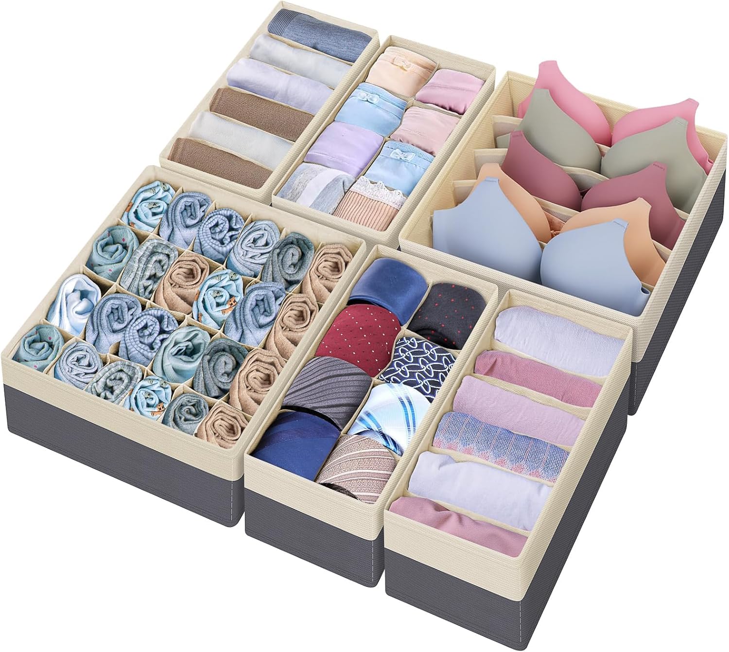 Drawer Organizer Divider, Foldable Closet Storage Organizer Basket, and Fabric Organization Bins for Clothes, Socks, Underwear, Bras, Ties, Accessories, 4 Pcs (Dark Grey)