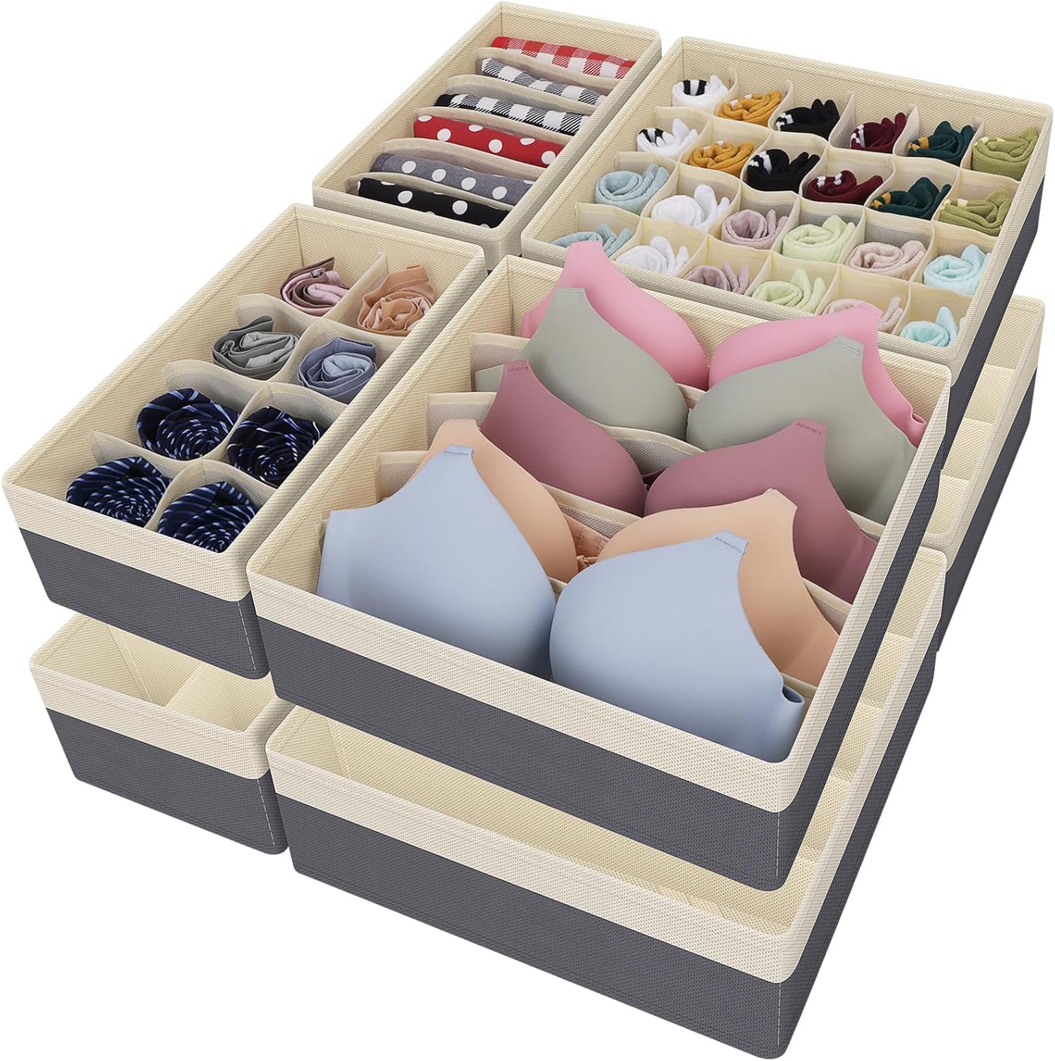 Drawer Organizer Divider, Foldable Closet Storage Organizer Basket, and Fabric Organization Bins for Clothes, Socks, Underwear, Bras, Ties, Accessories, 4 Pcs (Dark Grey)