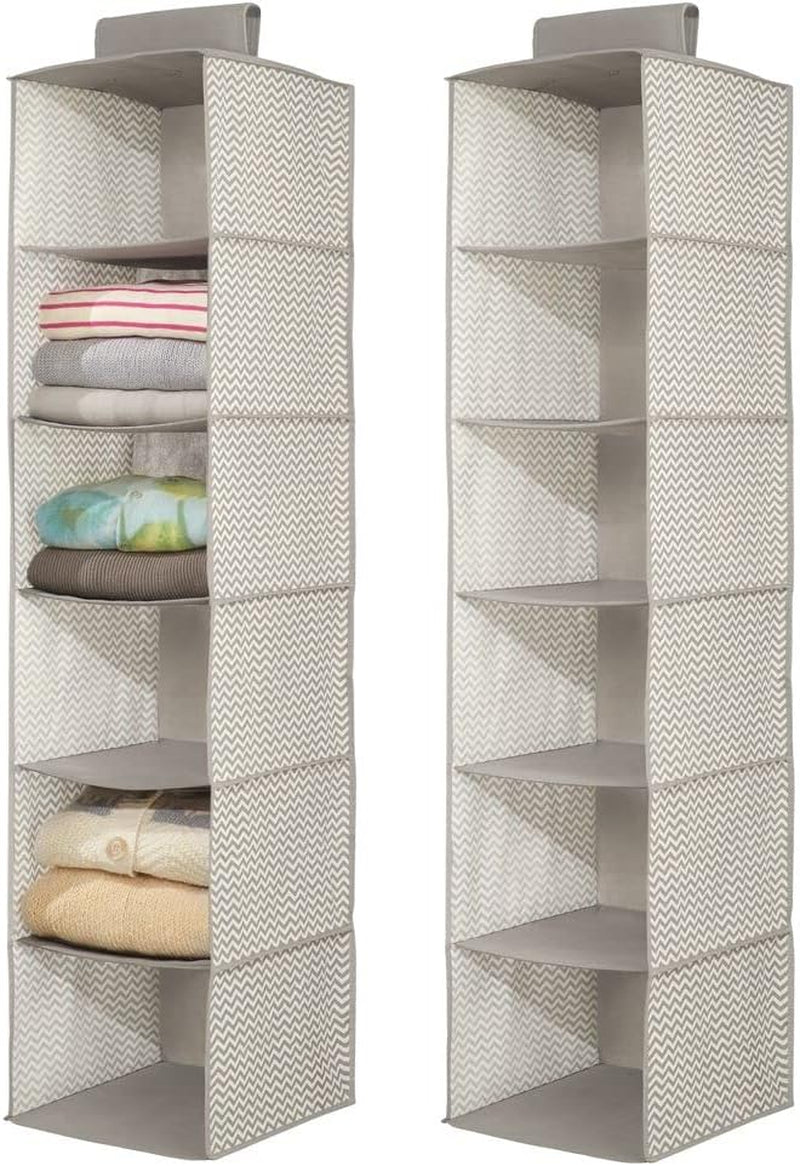 Mdesign Long Soft Fabric over Closet Rod Hanging Storage Organizer with 6 Shelves for Clothes, Leggings, Lingerie, T Shirts - Textured Print with Solid Trim - 2 Pack - Gray