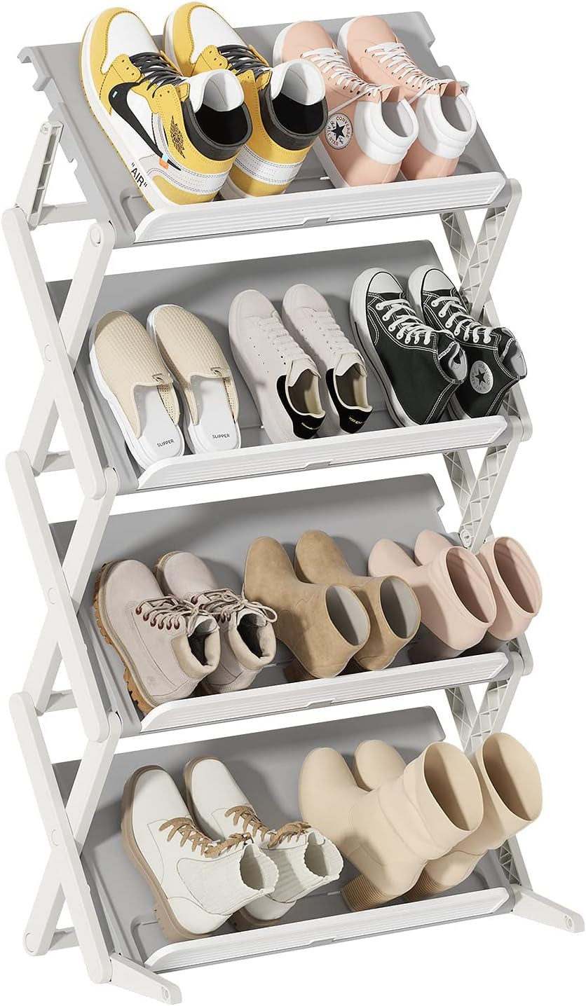 Shoe Rack, 4 Tier Shoe Storage Cabinet 12 Pair Plastic Shoe Shelves Organizer for Closet Hallway Bedroom Entryway Clear Plastic Foldable Sneaker Containers Bins Closet Organizer Shoe Organizer