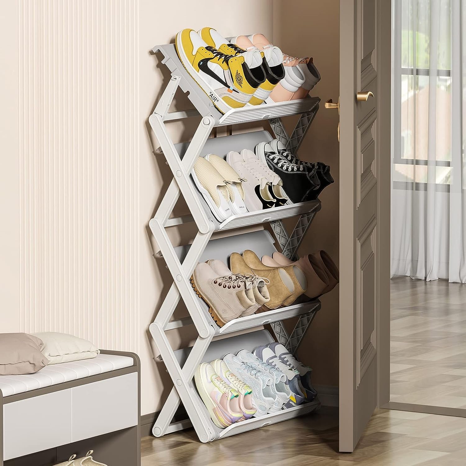 Shoe Rack, 4 Tier Shoe Storage Cabinet 12 Pair Plastic Shoe Shelves Organizer for Closet Hallway Bedroom Entryway Clear Plastic Foldable Sneaker Containers Bins Closet Organizer Shoe Organizer