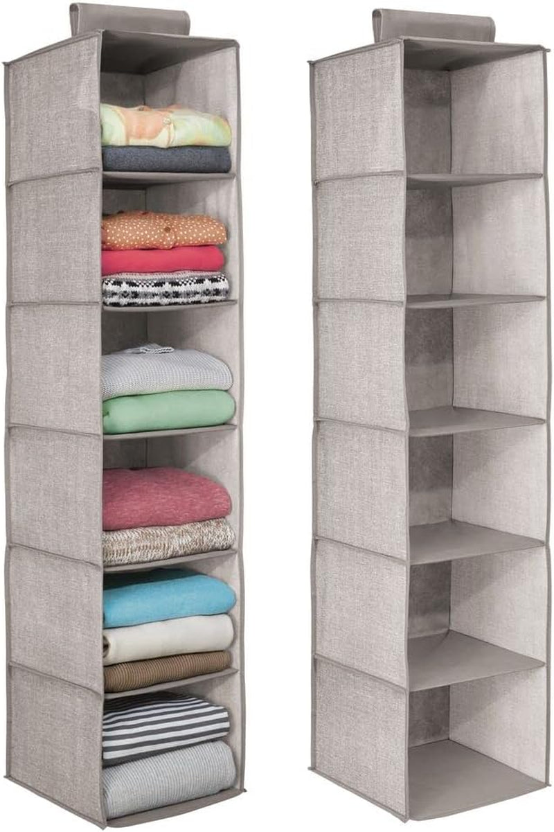 Mdesign Long Soft Fabric over Closet Rod Hanging Storage Organizer with 6 Shelves for Clothes, Leggings, Lingerie, T Shirts - Textured Print with Solid Trim - 2 Pack - Gray