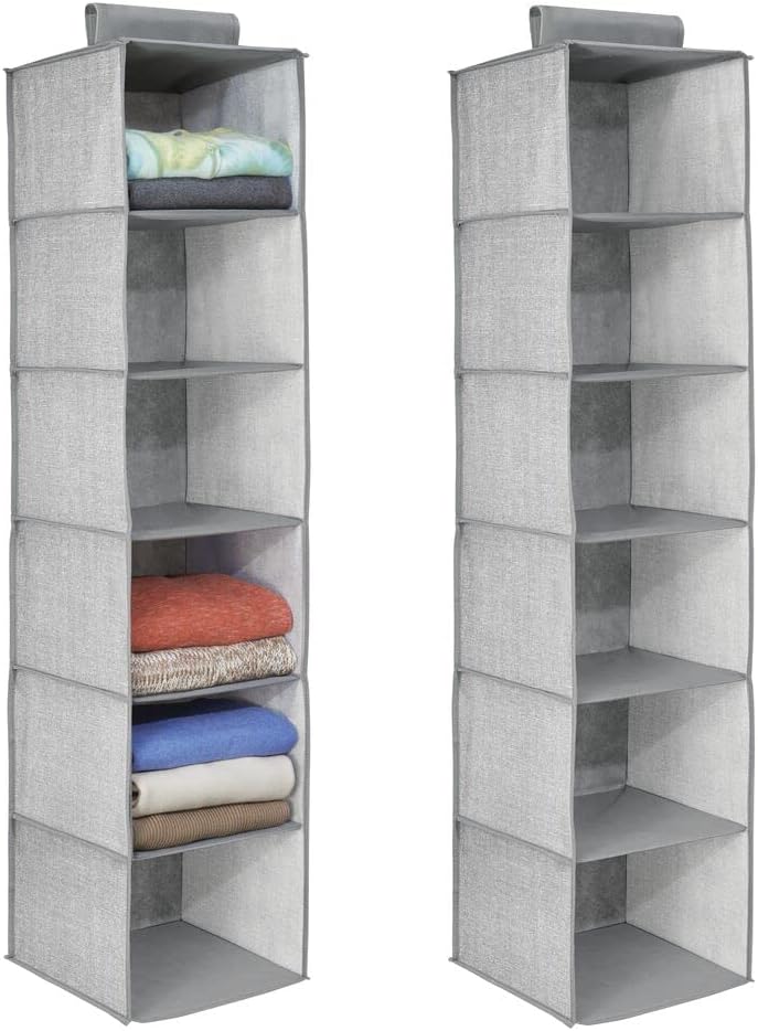 Mdesign Long Soft Fabric over Closet Rod Hanging Storage Organizer with 6 Shelves for Clothes, Leggings, Lingerie, T Shirts - Textured Print with Solid Trim - 2 Pack - Gray