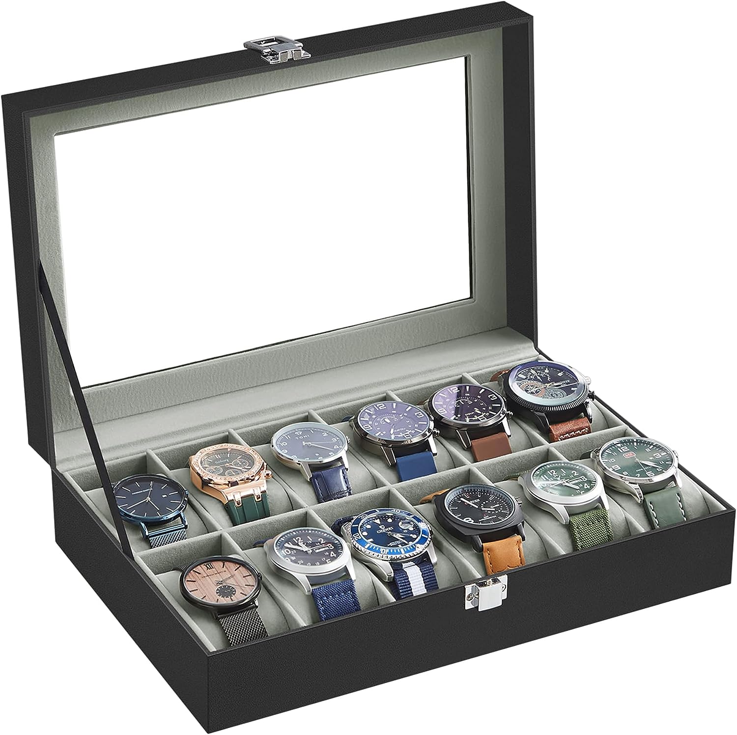 Blushbees® 6-Slot Watch Box - Black Synthetic Leather with Gray Lining