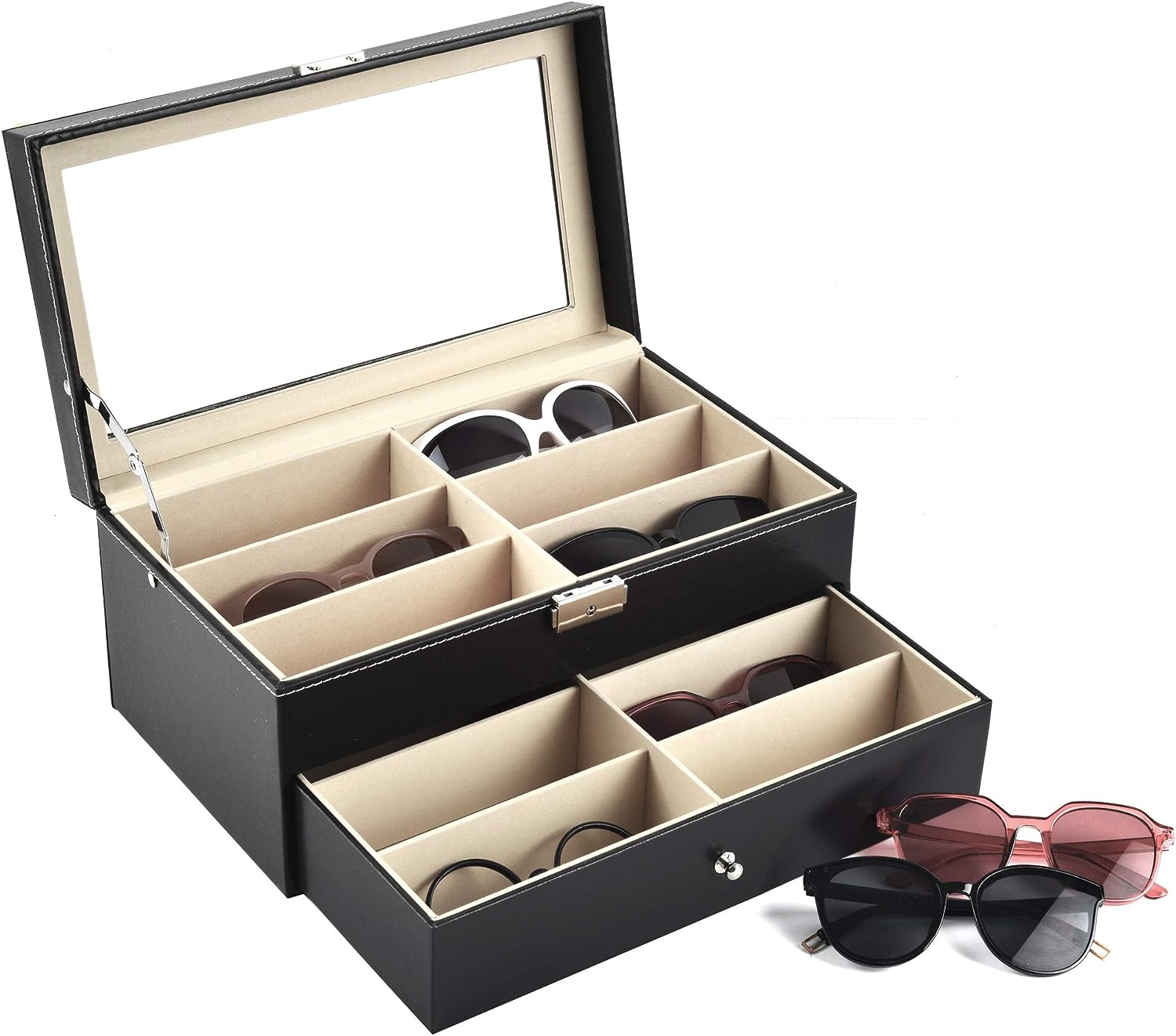 Blushbees® 8-Slot Sunglass Organizer - Black Leather Eyeglasses Display Case