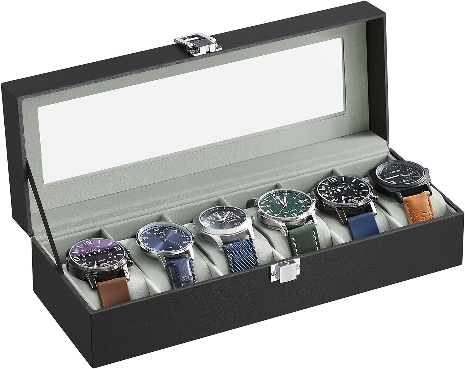 Blushbees® 6-Slot Watch Box - Black Synthetic Leather with Gray Lining