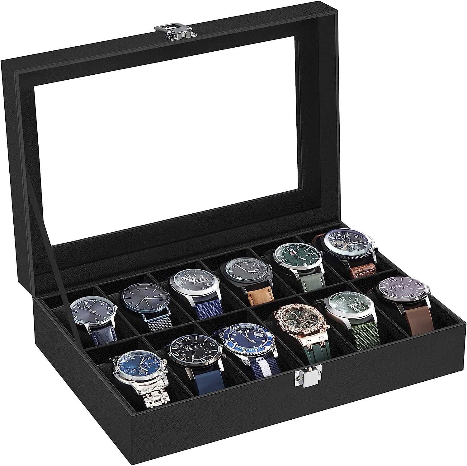 Blushbees® 6-Slot Watch Box - Black Synthetic Leather with Gray Lining