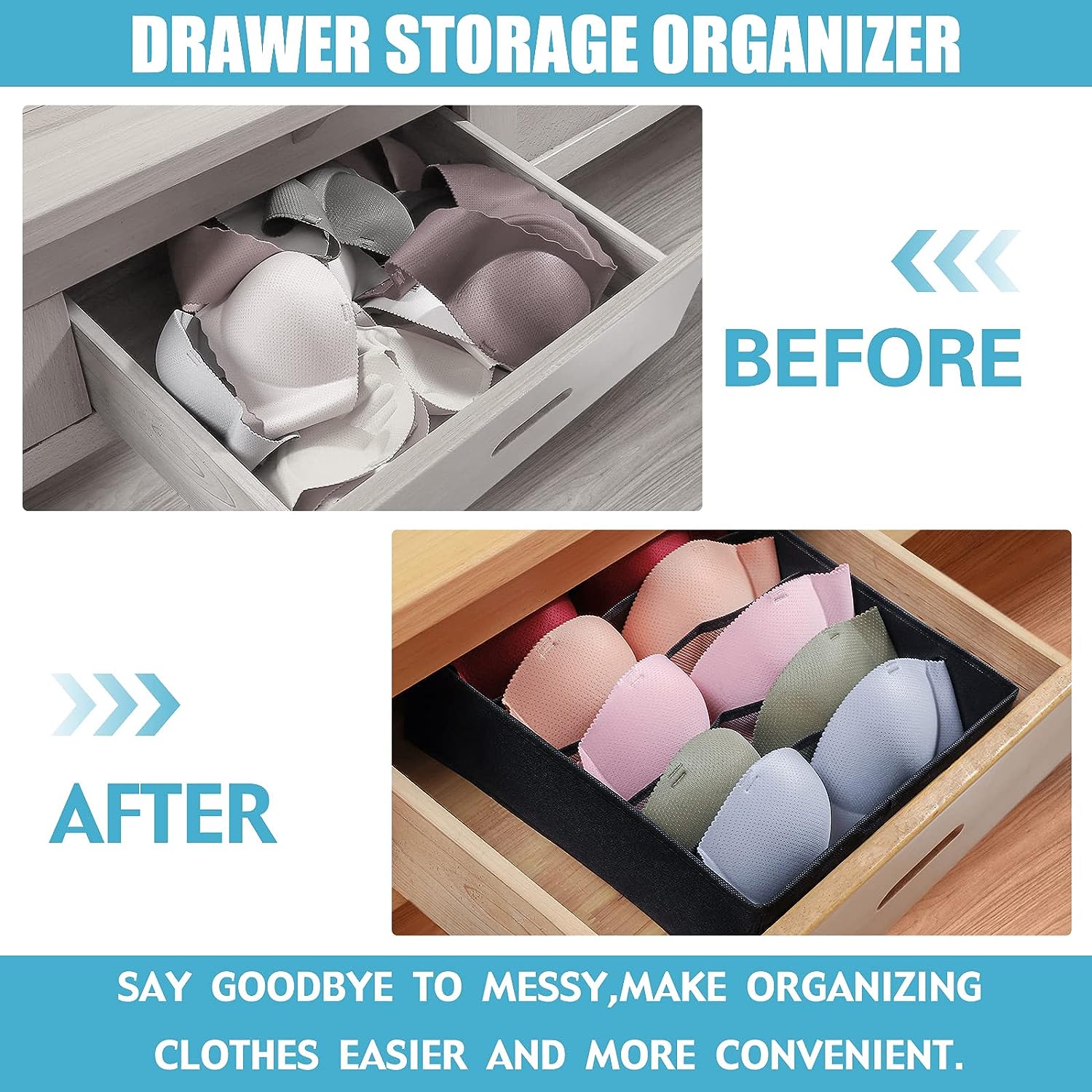Black Fabric Storage Boxes Underwear Organizer Dividers，Foldable Storage Cubes Drawer under Cabinet Organizer for Bra,Socks,Ties,3 Pack （Black）