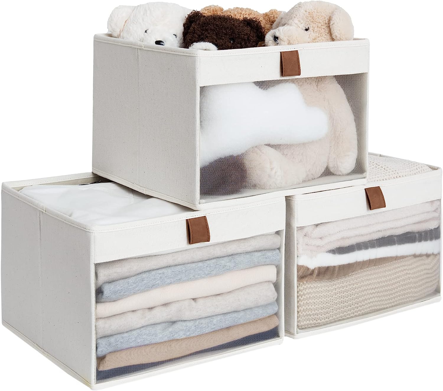 Closet Storage Bins with Clear Window and 2 Handles, Foldable Storage Baskets for Shelves