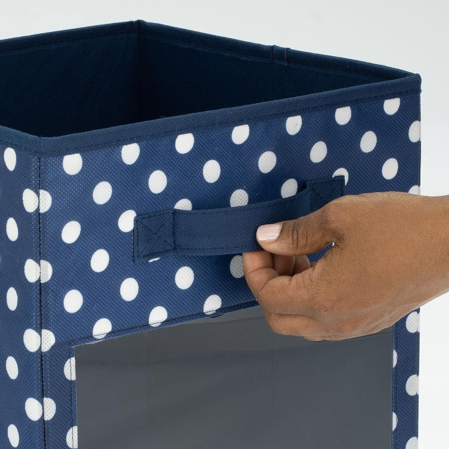 Mdesign Fabric Nursery/Playroom Closet Storage Organizer Bin Box, Front Handle/Window for Cube Furniture Shelving Unit, Hold Toys, Clothes, Diapers, Bibs, 4 Pack, Navy Blue/White Polka Dot