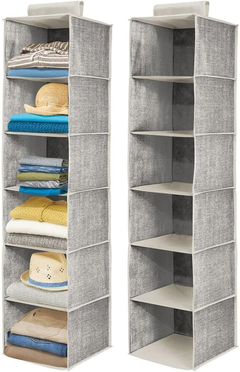 Mdesign Long Soft Fabric over Closet Rod Hanging Storage Organizer with 6 Shelves for Clothes, Leggings, Lingerie, T Shirts - Textured Print with Solid Trim - 2 Pack - Gray