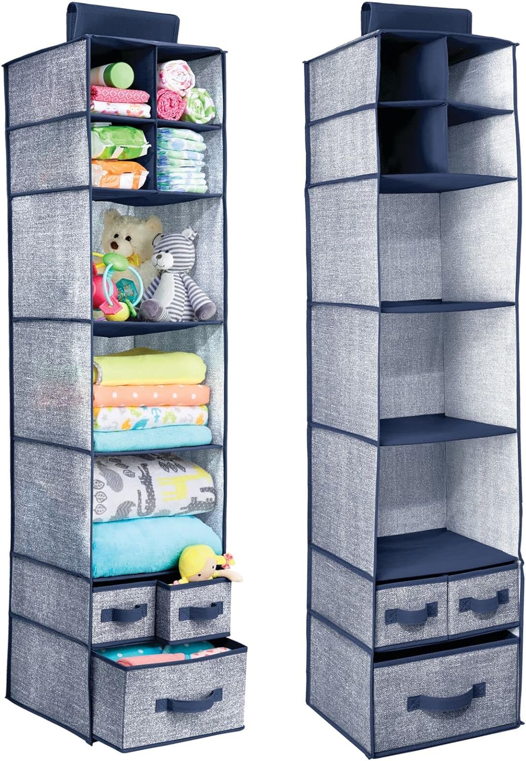 Blushbees Soft Fabric over Closet Rod Hanging Storage Organizer with 7 Shelves and 3 Removable Drawers.