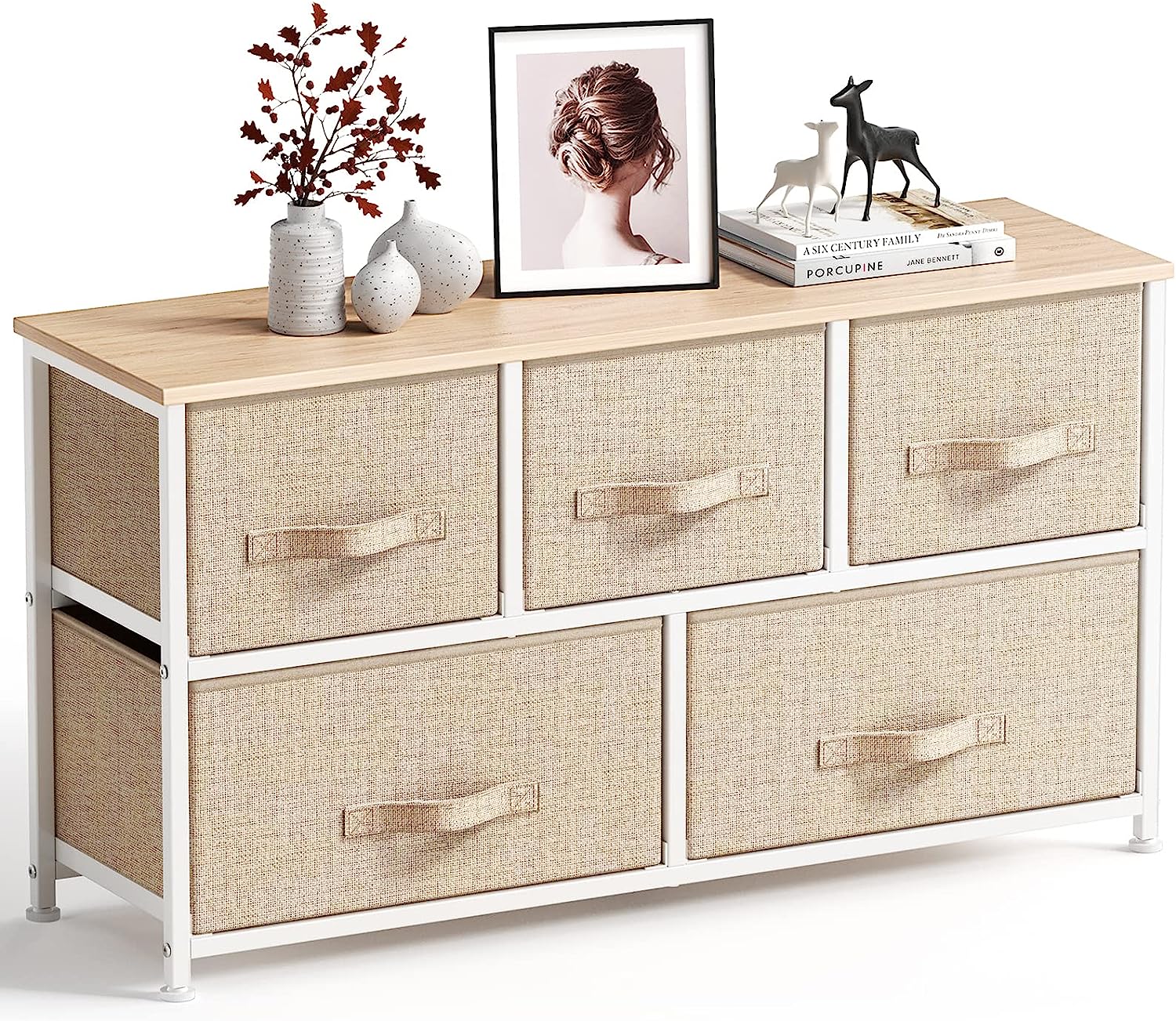 Blushbees® Fabric Dresser with 5 Drawers - Wood Top, Wide Storage Tower