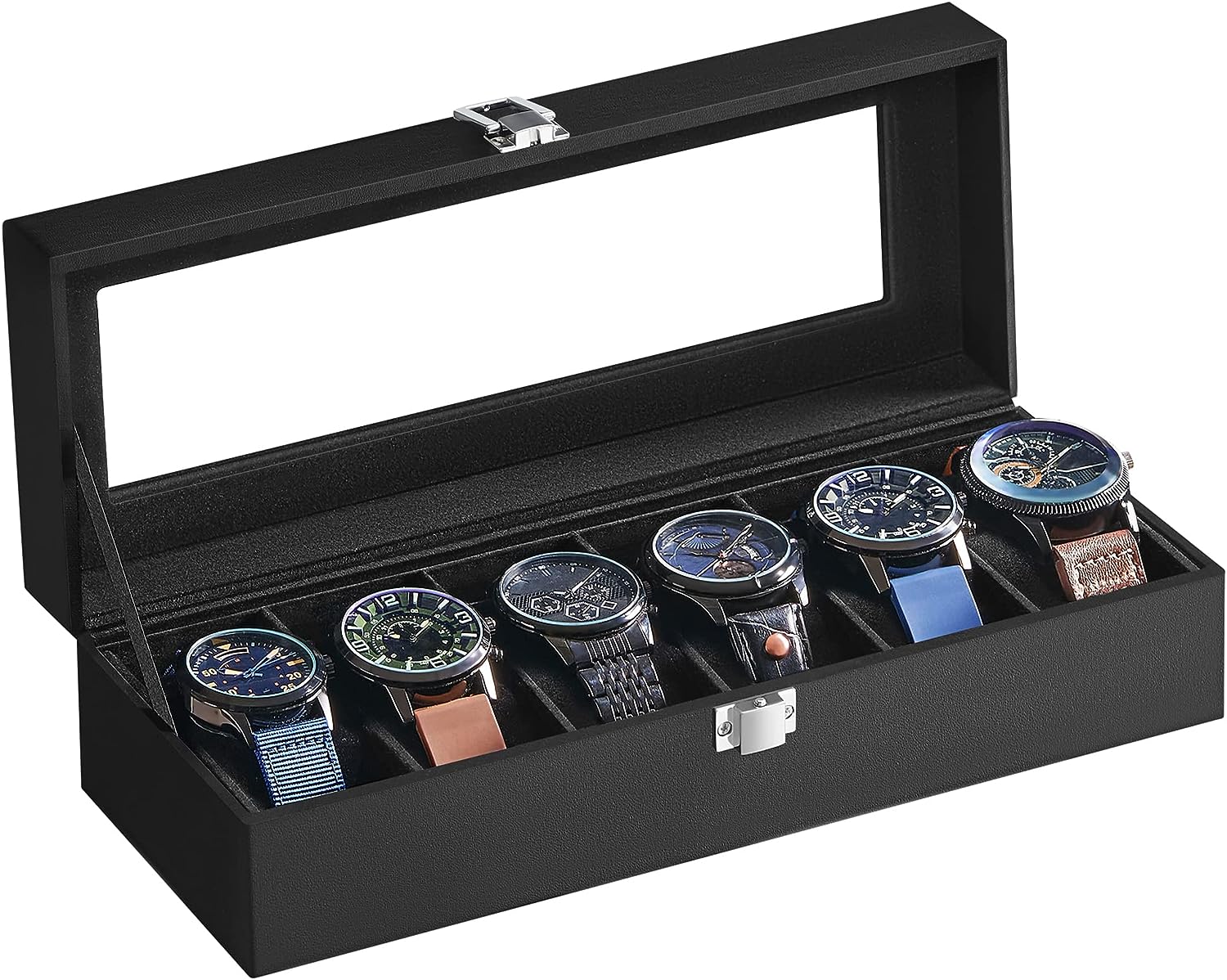 Blushbees® 6-Slot Watch Box - Black Synthetic Leather with Gray Lining