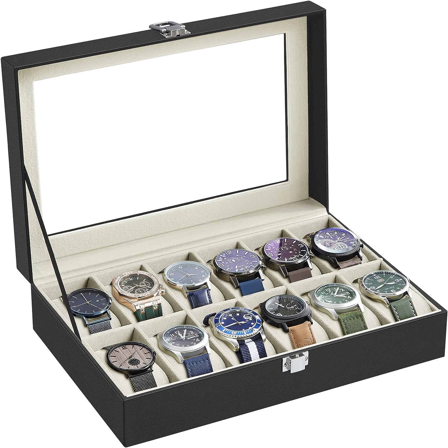 Blushbees® 6-Slot Watch Box - Black Synthetic Leather with Gray Lining