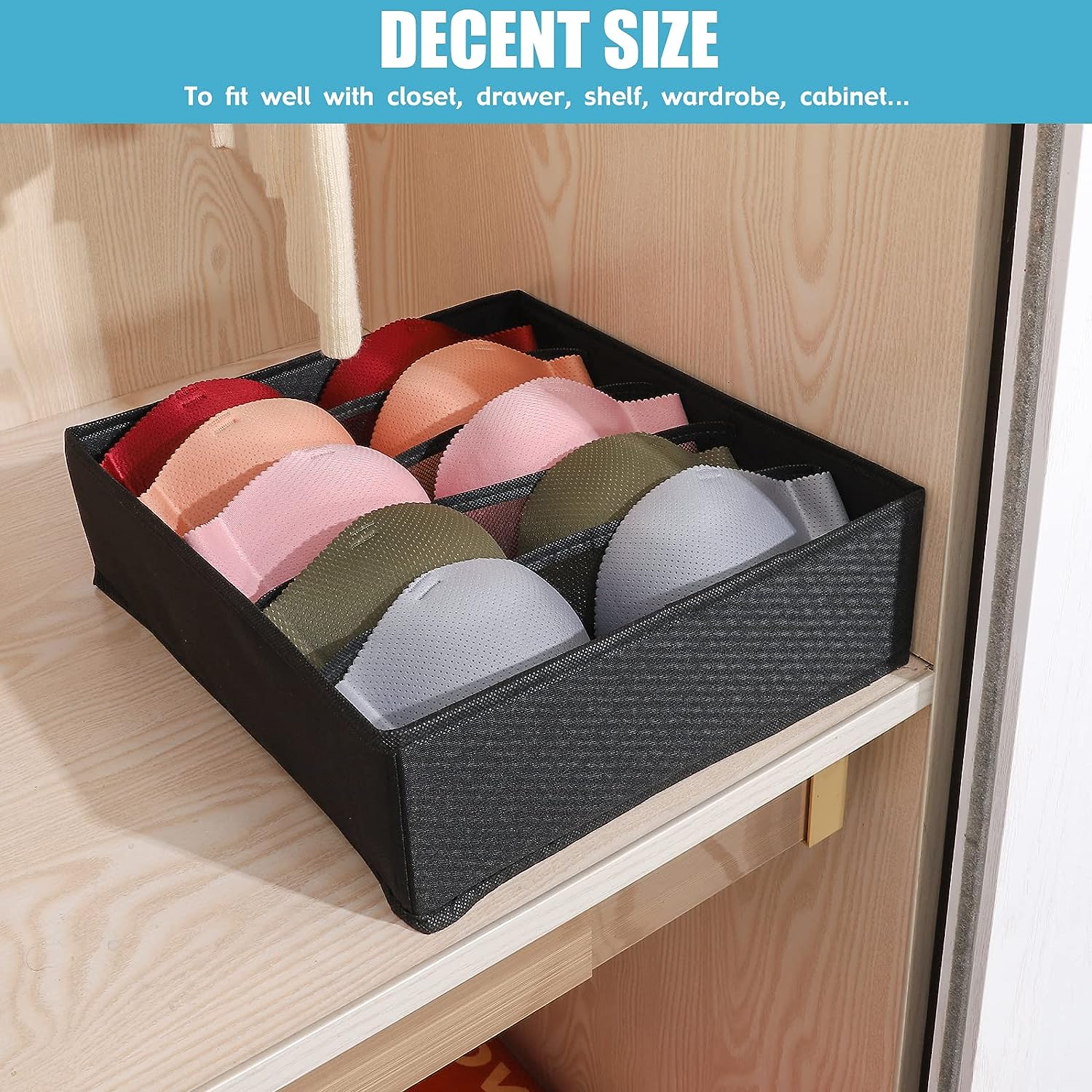 Black Fabric Storage Boxes Underwear Organizer Dividers，Foldable Storage Cubes Drawer under Cabinet Organizer for Bra,Socks,Ties,3 Pack （Black）
