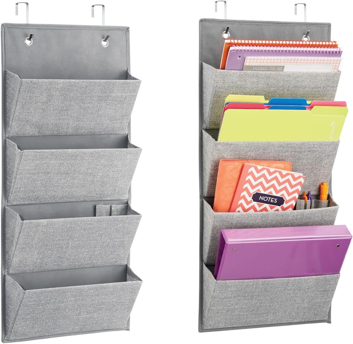 Mdesign Soft Fabric Wall Mount/Over Door Hanging Storage Organizer - 4 Large Cascading Pockets - Holds Office Supplies, Planners, File Folders, Notebooks - Textured Print, 2 Pack - Gray