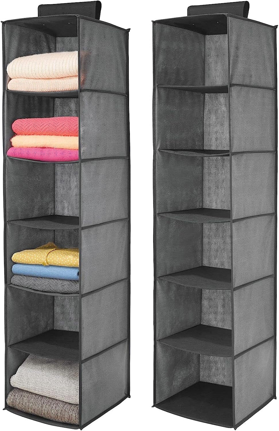 Mdesign Long Soft Fabric over Closet Rod Hanging Storage Organizer with 6 Shelves for Clothes, Leggings, Lingerie, T Shirts - Textured Print with Solid Trim - 2 Pack - Gray