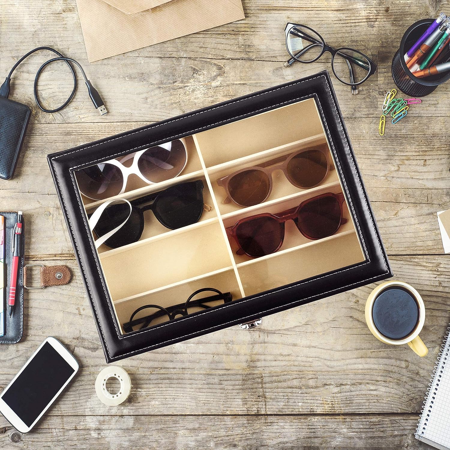 Blushbees® 8-Slot Sunglass Organizer - Black Leather Eyeglasses Display Case