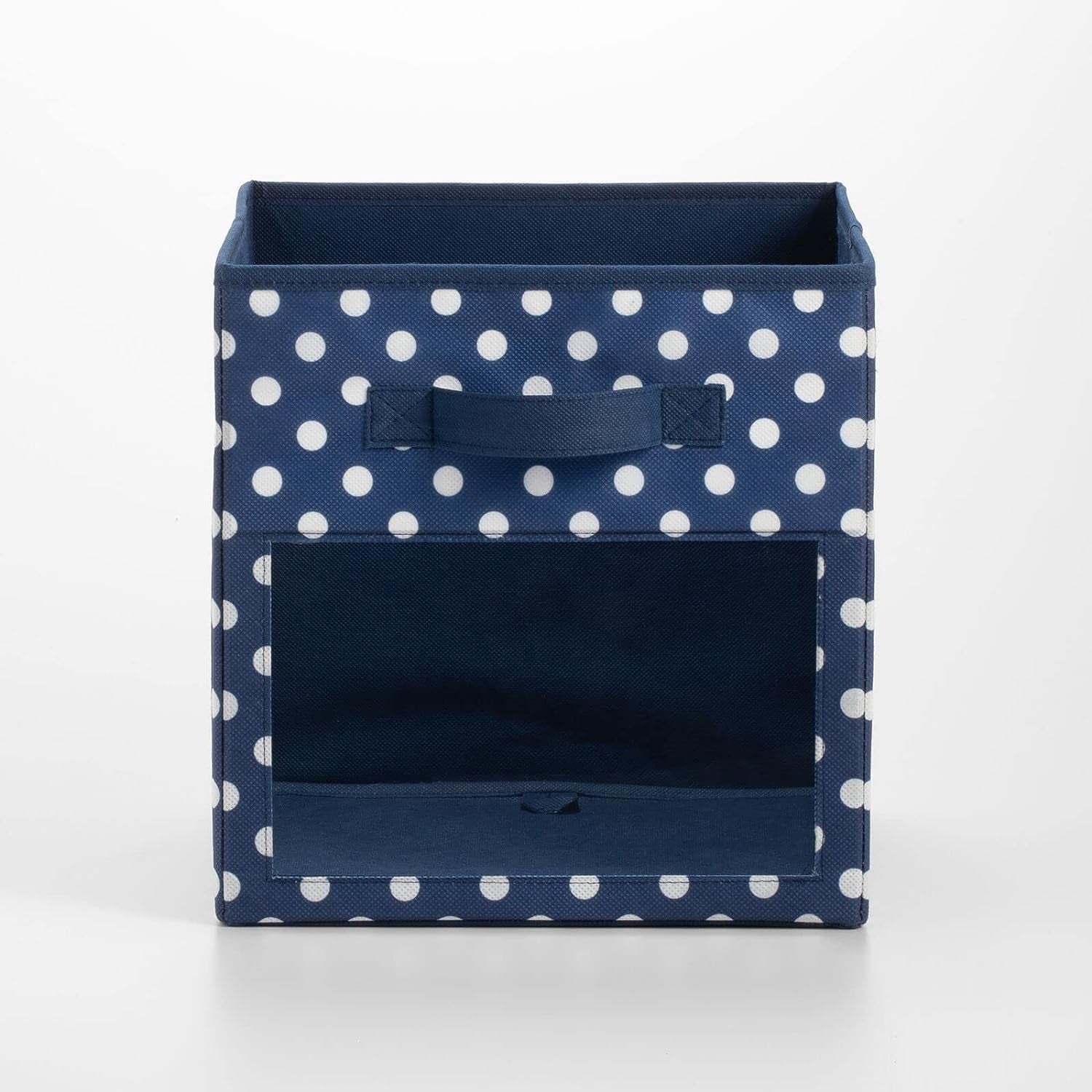 Mdesign Fabric Nursery/Playroom Closet Storage Organizer Bin Box, Front Handle/Window for Cube Furniture Shelving Unit, Hold Toys, Clothes, Diapers, Bibs, 4 Pack, Navy Blue/White Polka Dot