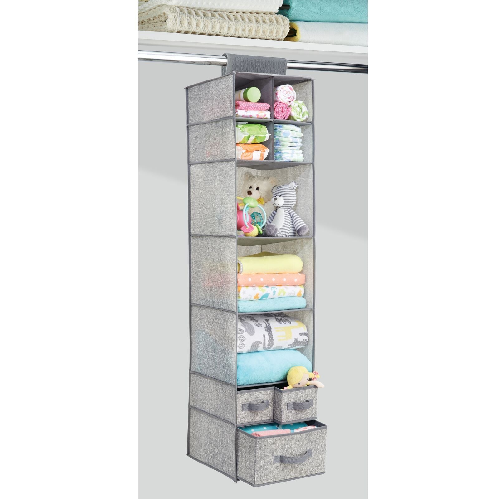 BlushBees® Long Soft Fabric Over Closet Rod Hanging Storage Organizer with 7 Shelves + 3 Drawer