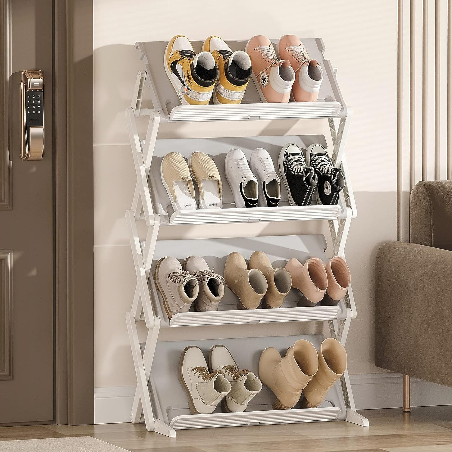 Shoe Rack, 4 Tier Shoe Storage Cabinet 12 Pair Plastic Shoe Shelves Organizer for Closet Hallway Bedroom Entryway Clear Plastic Foldable Sneaker Containers Bins Closet Organizer Shoe Organizer