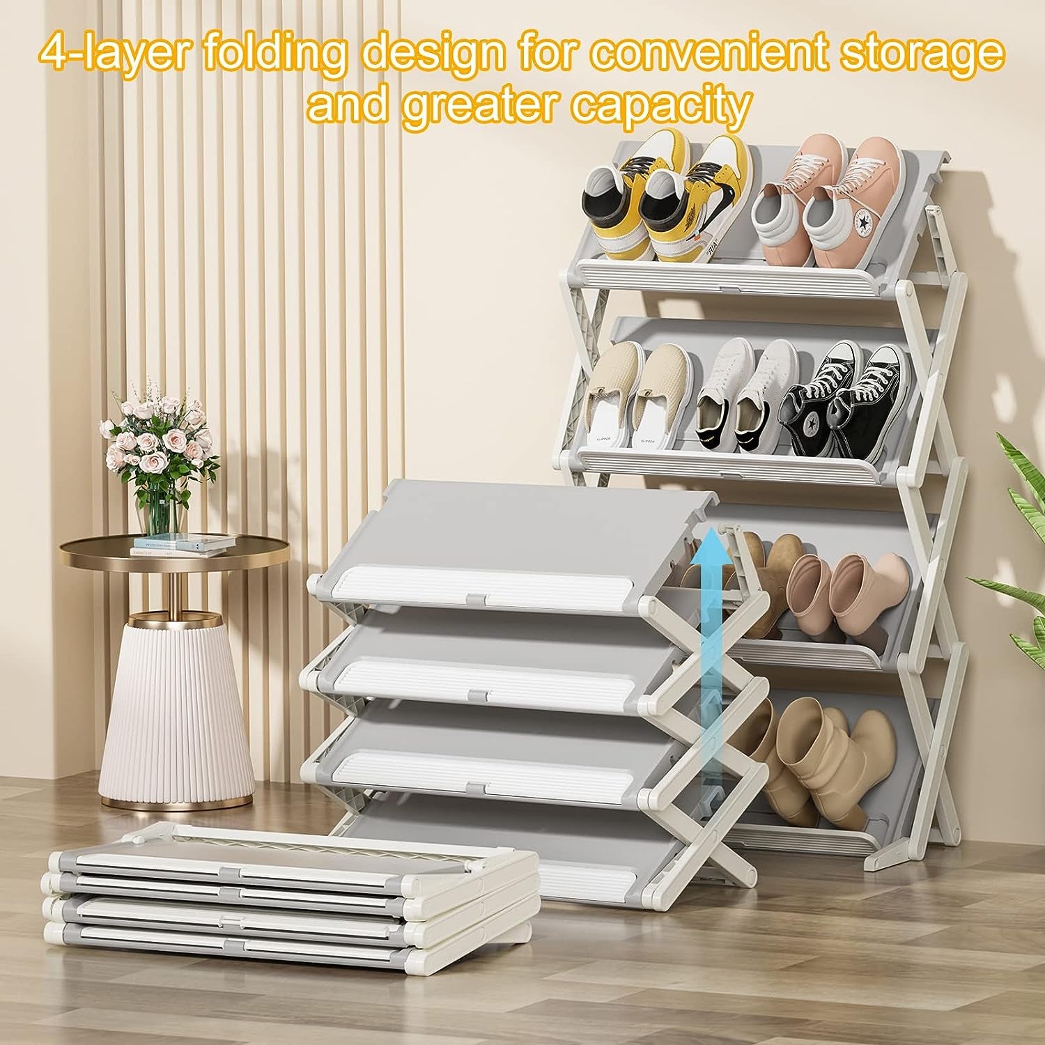Shoe Rack, 4 Tier Shoe Storage Cabinet 12 Pair Plastic Shoe Shelves Organizer for Closet Hallway Bedroom Entryway Clear Plastic Foldable Sneaker Containers Bins Closet Organizer Shoe Organizer