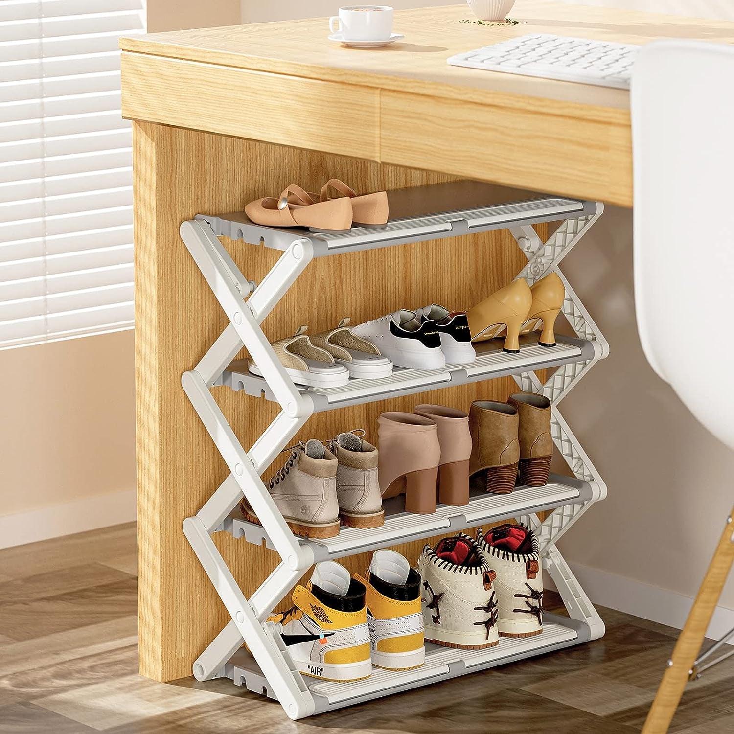Shoe Rack, 4 Tier Shoe Storage Cabinet 12 Pair Plastic Shoe Shelves Organizer for Closet Hallway Bedroom Entryway Clear Plastic Foldable Sneaker Containers Bins Closet Organizer Shoe Organizer