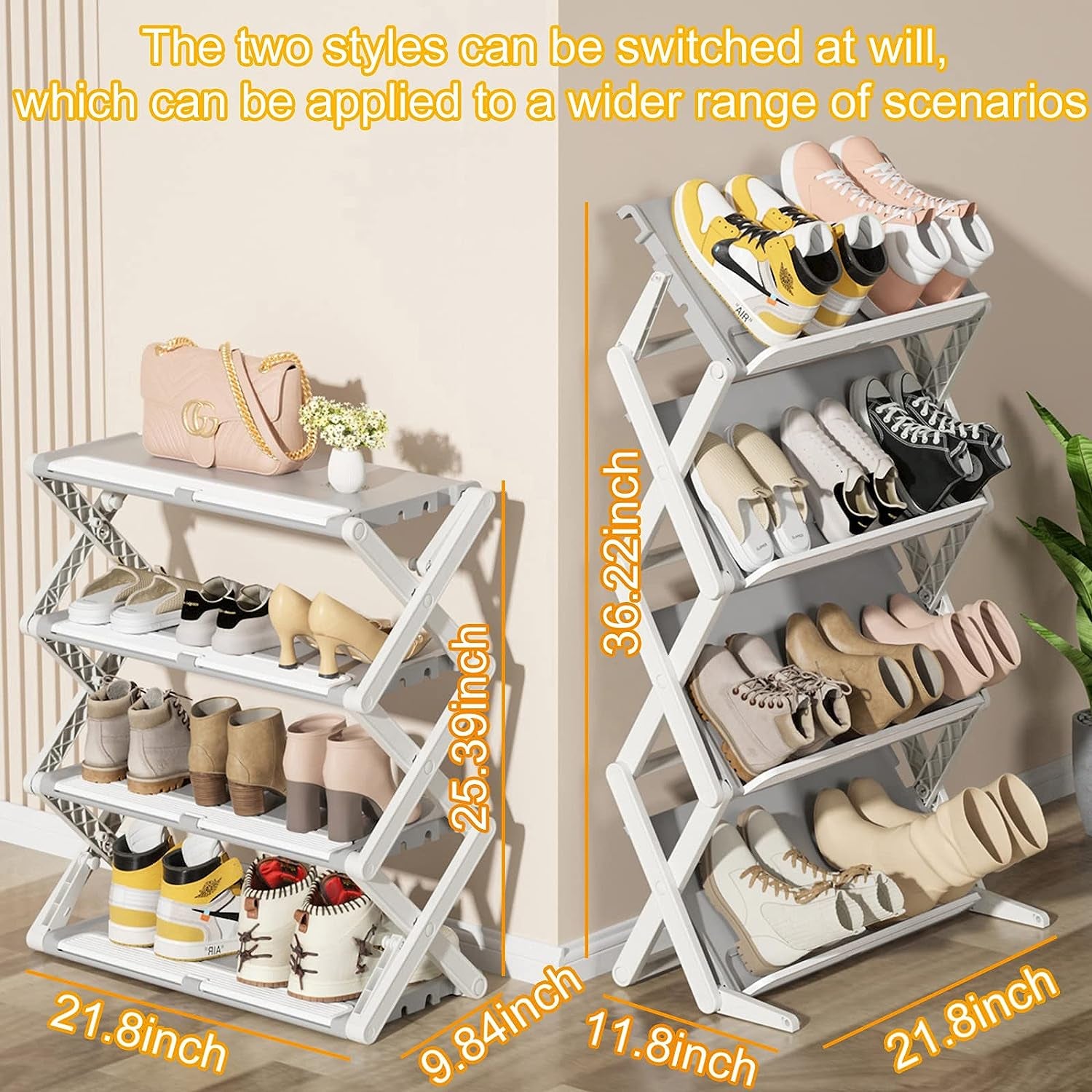 Shoe Rack, 4 Tier Shoe Storage Cabinet 12 Pair Plastic Shoe Shelves Organizer for Closet Hallway Bedroom Entryway Clear Plastic Foldable Sneaker Containers Bins Closet Organizer Shoe Organizer