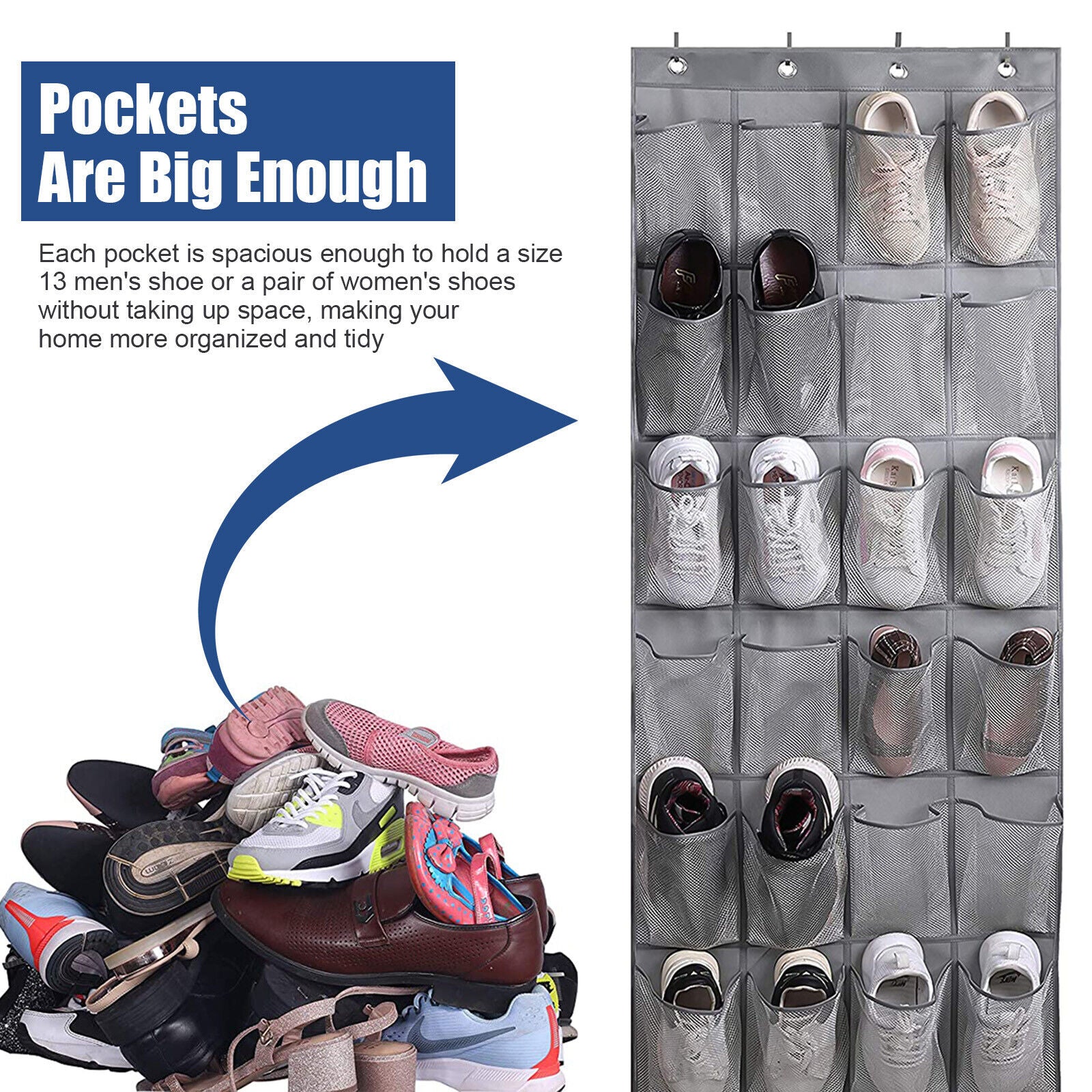 You can also cut the bottoms of shoe organizer pockets and keep